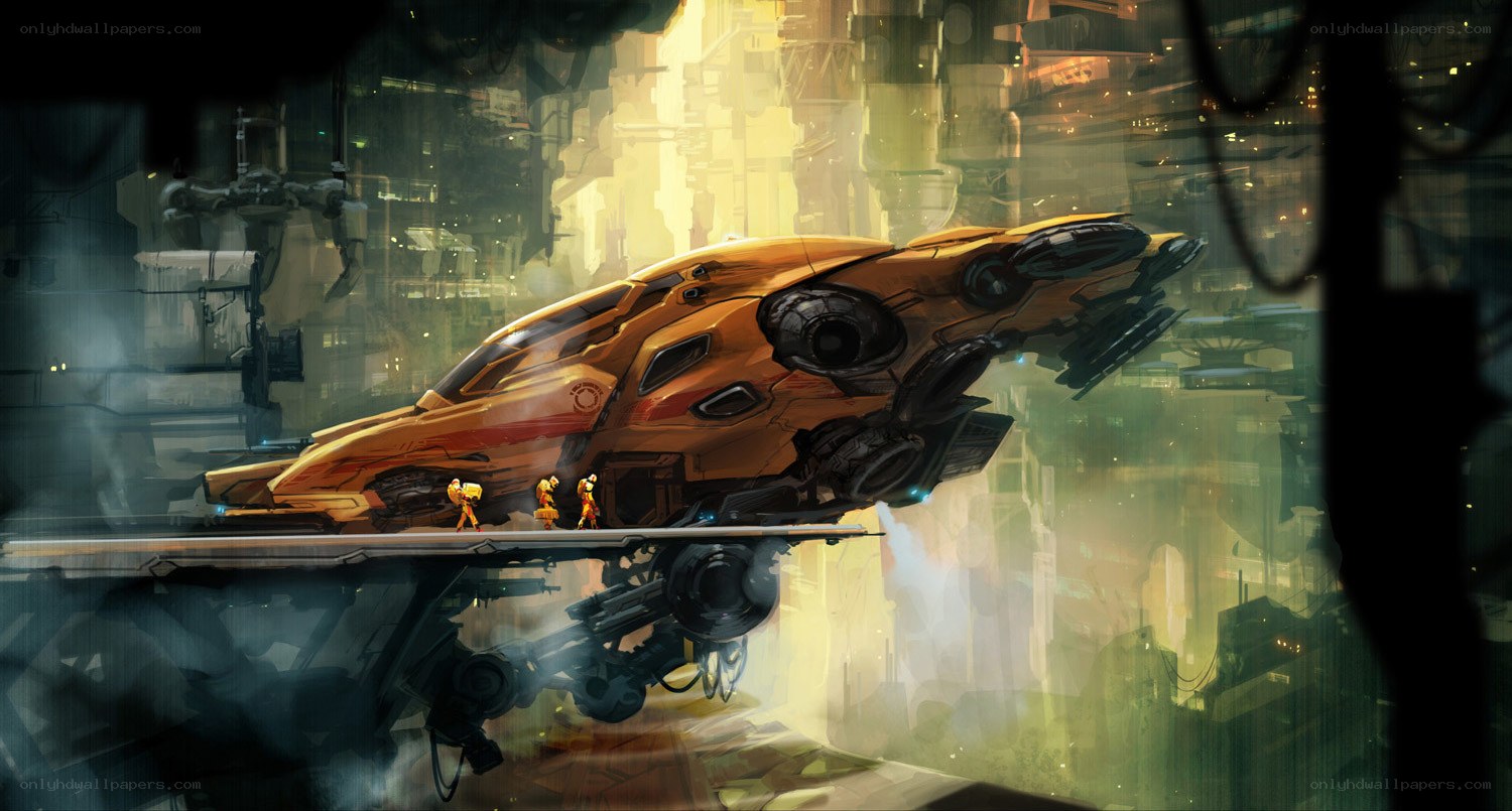 Futuristic ship in city