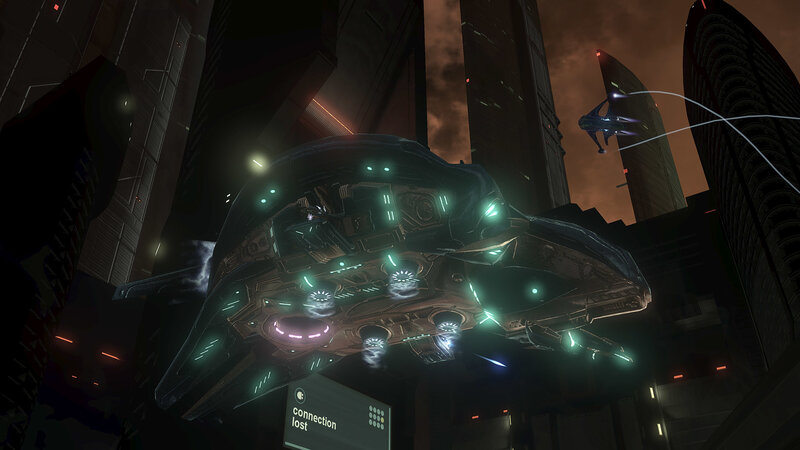 Futuristic ship in city