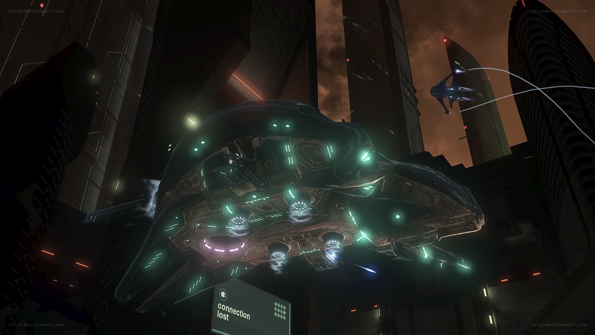 Futuristic ship in city