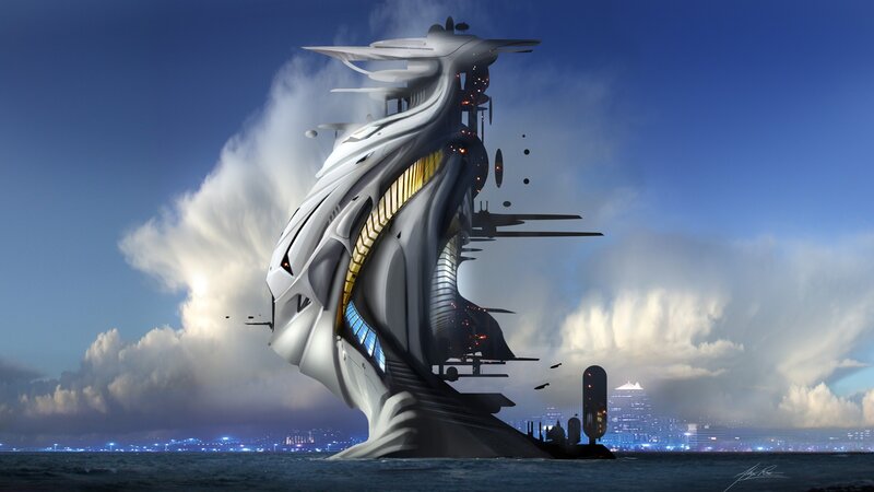 Futuristic Ship in Ocean — Blue