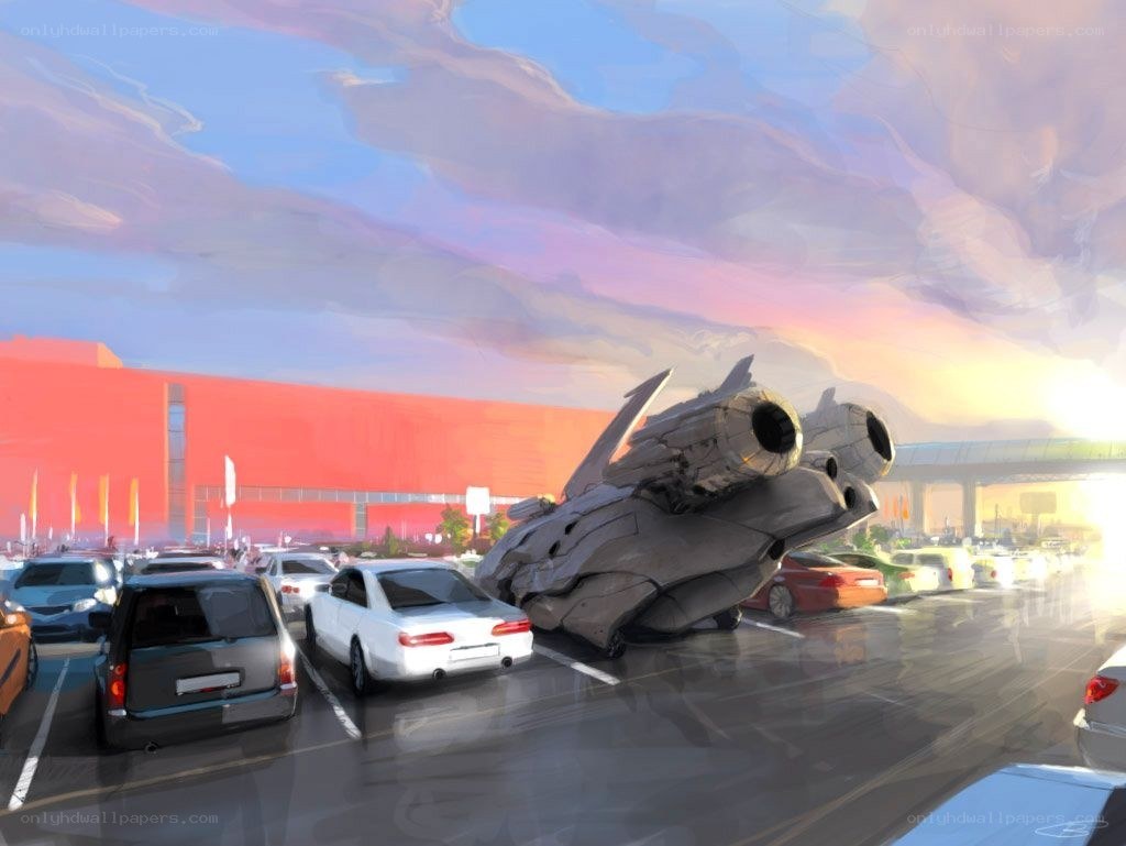 Futuristic ship in parking lot