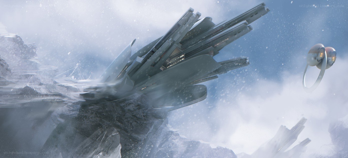futuristic ship in snowy landscape