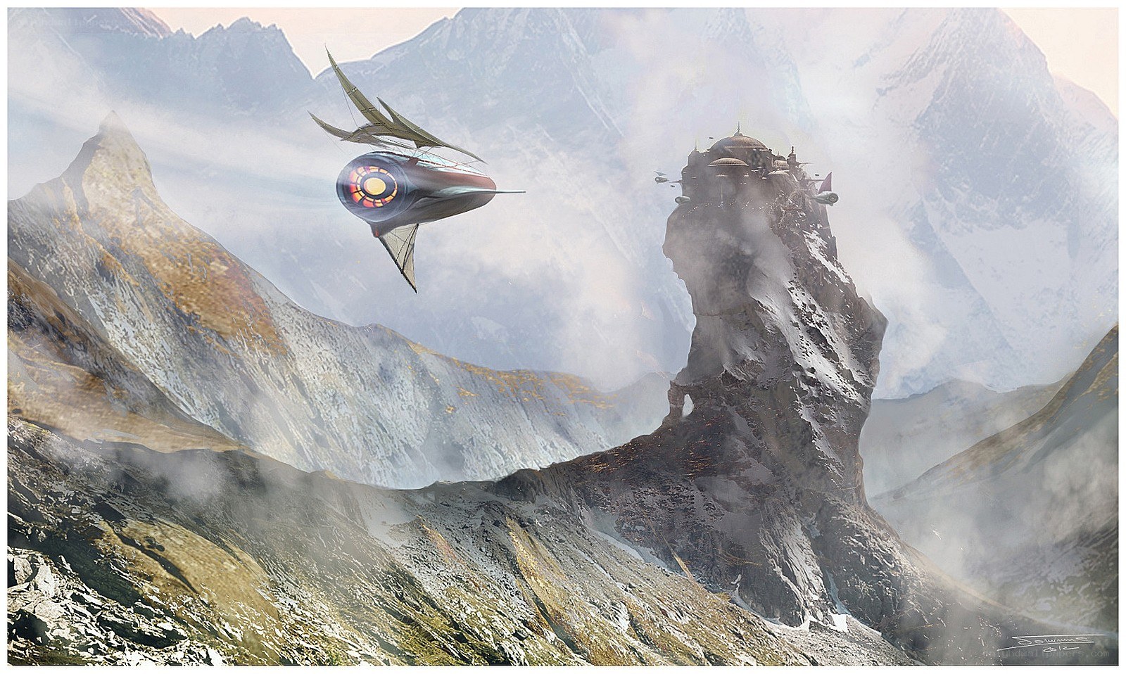 futuristic ship near mountain fortress