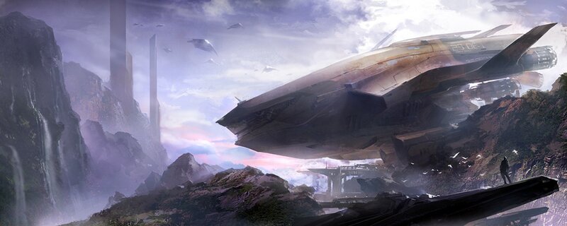Futuristic ship over alien landscape