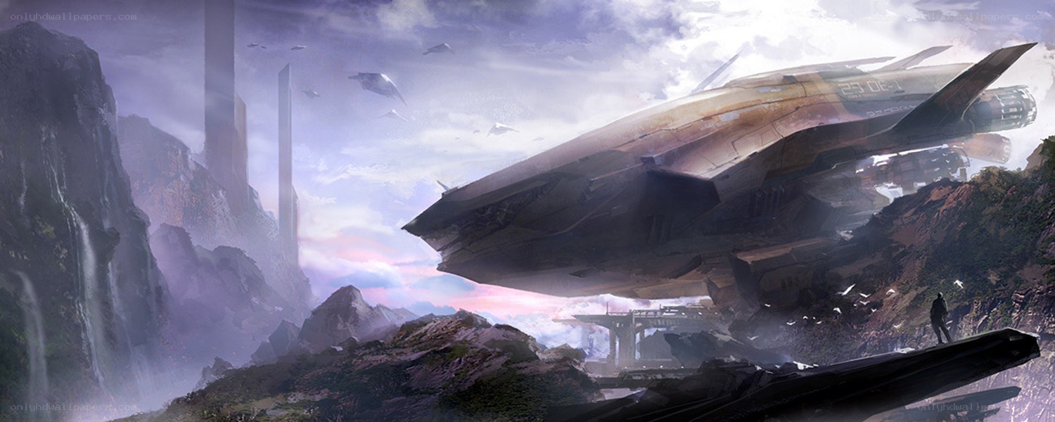 Futuristic ship over alien landscape