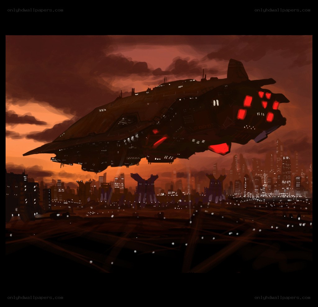 Futuristic ship over city