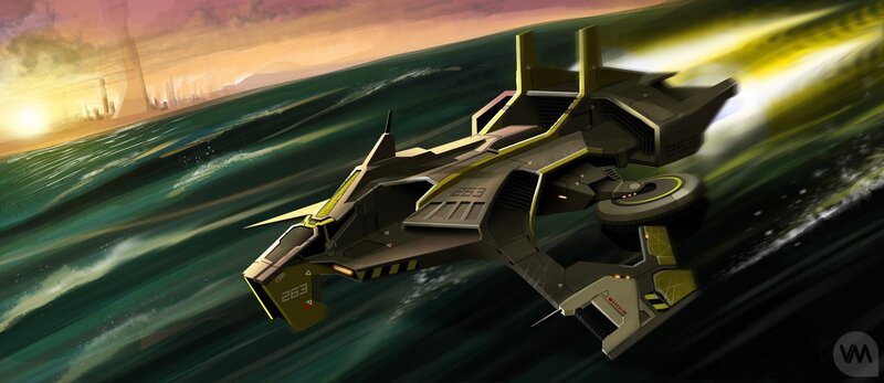 futuristic ship over ocean