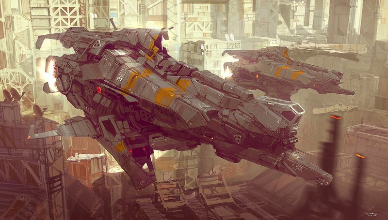 Futuristic ships in a city