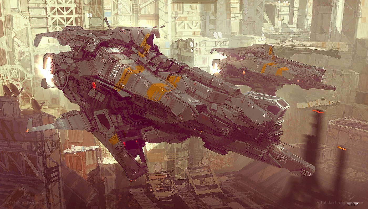 Futuristic ships in a city