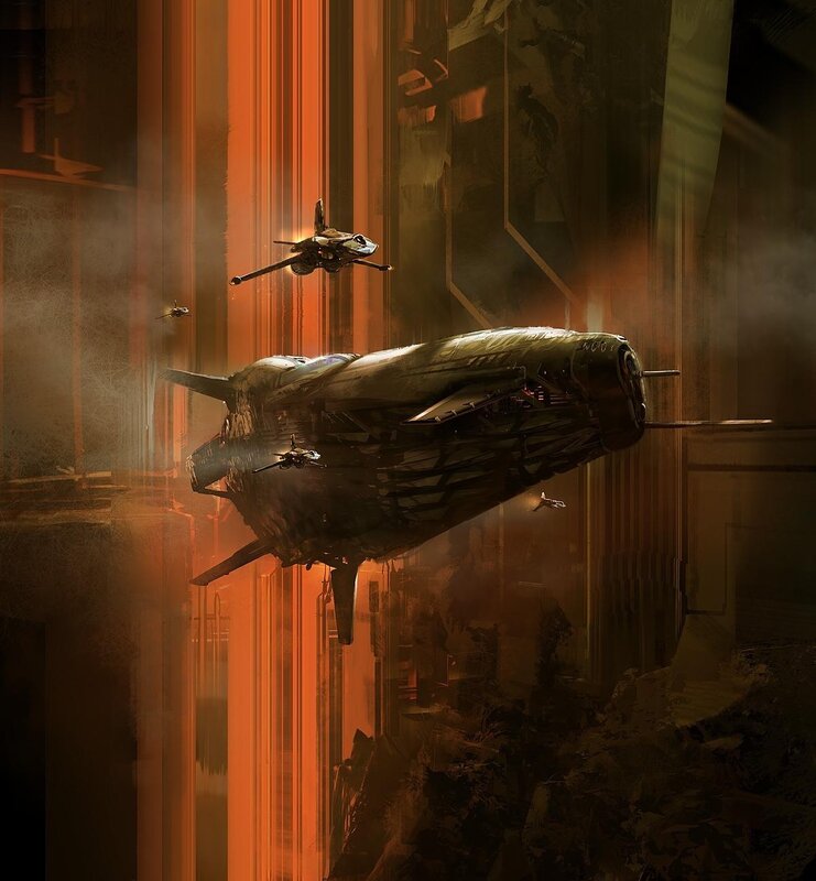 Futuristic ships in a ruined city