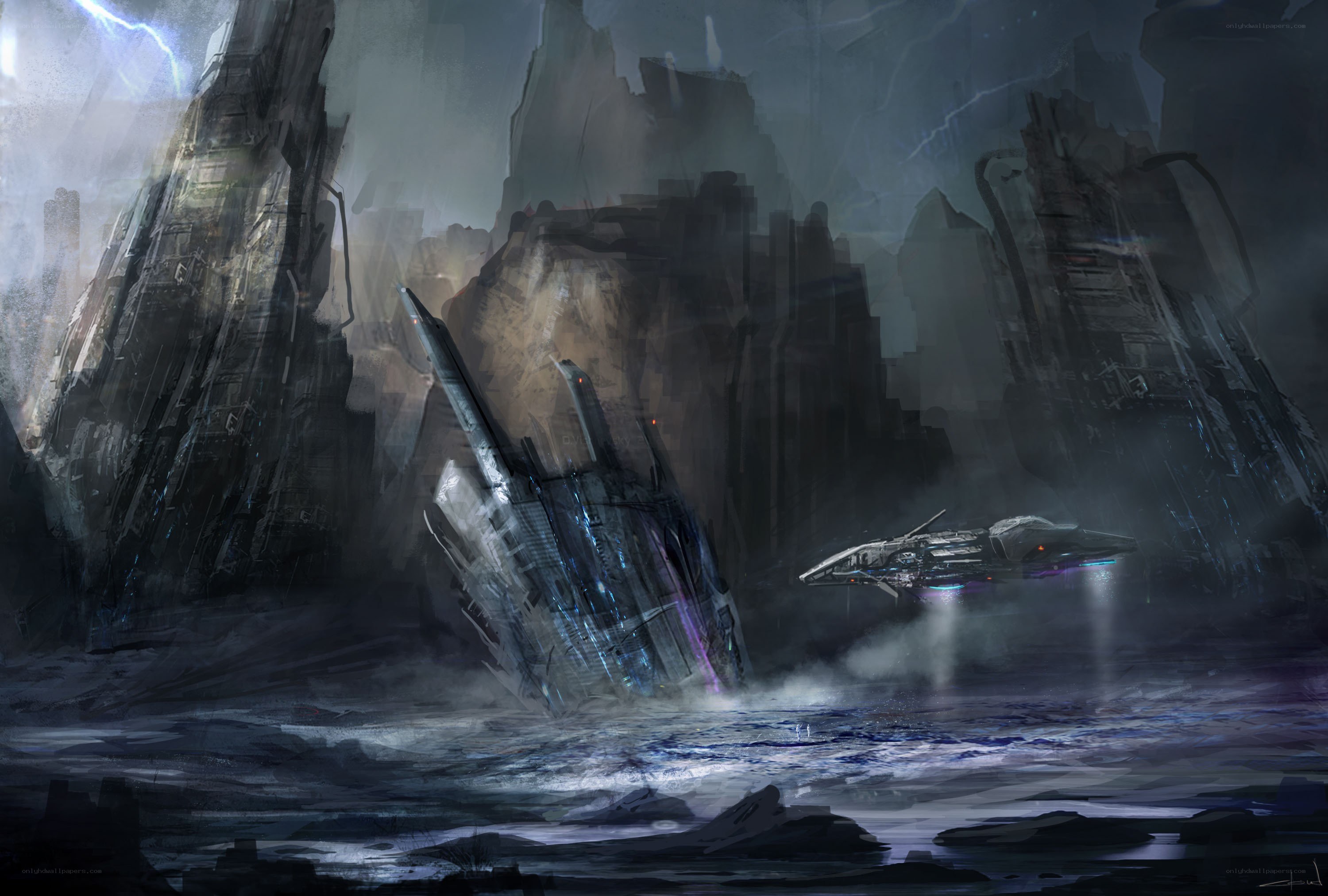 Futuristic ships in a storm