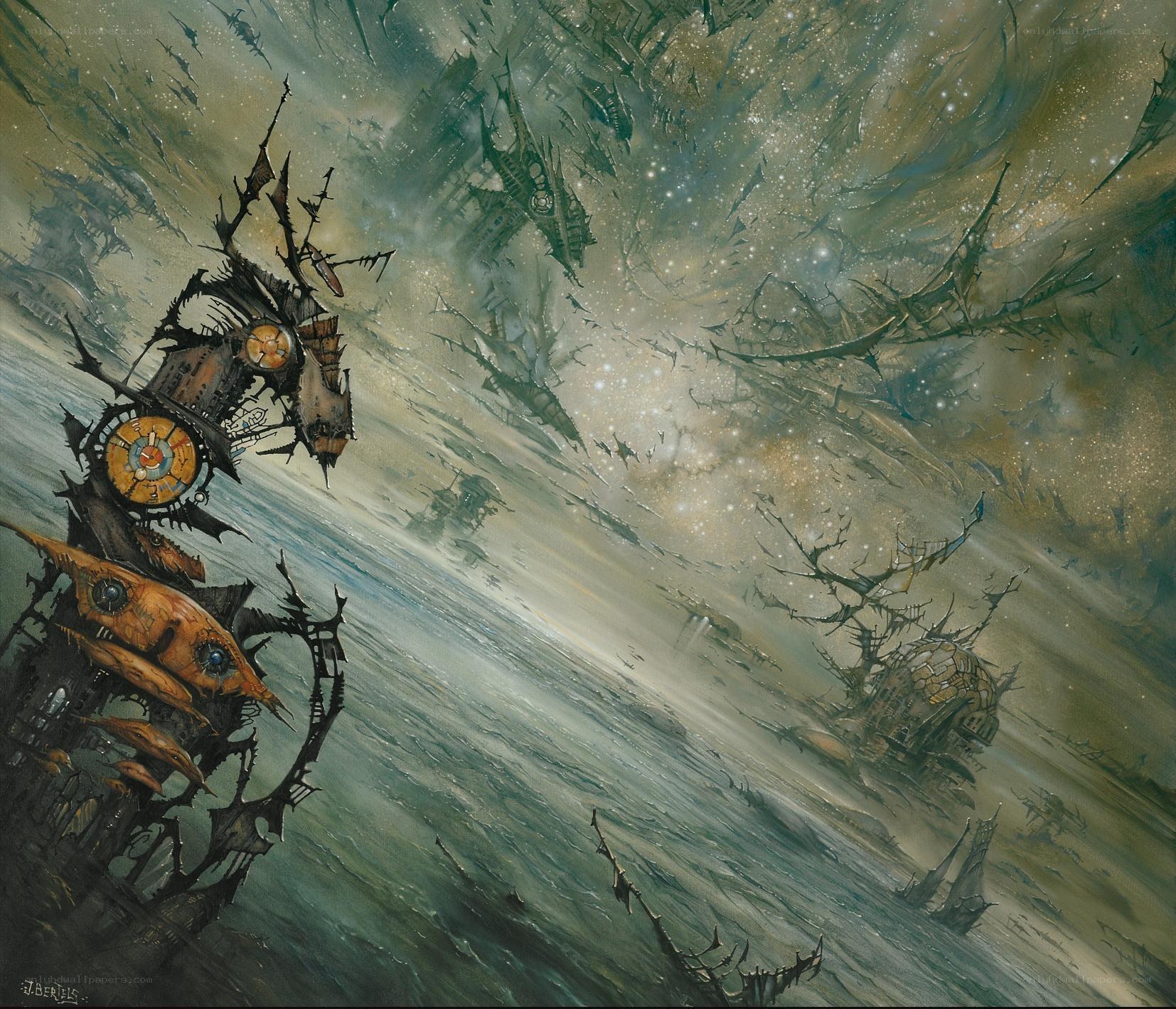 Futuristic ships in a storm