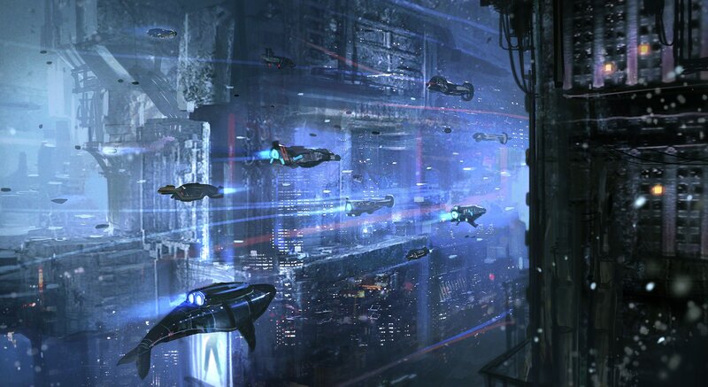 Futuristic Ships in City — Blue