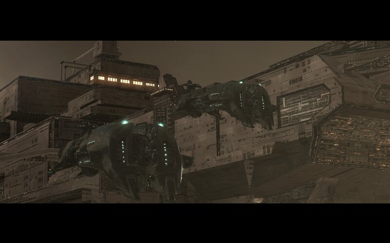 Futuristic Ships in City — Gray, Dark, Dramatic