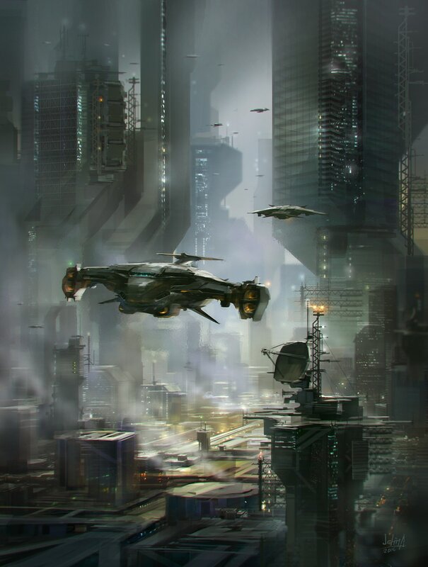 Futuristic Ships in City — Gray