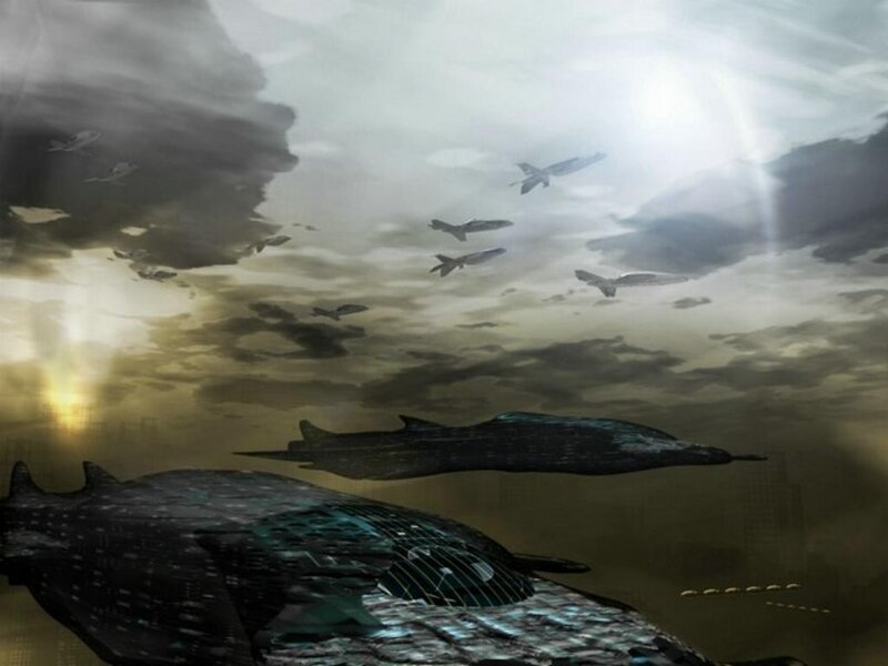 Futuristic ships in cloudy sky