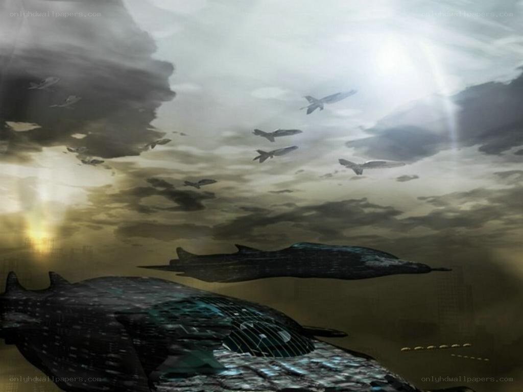 Futuristic ships in cloudy sky