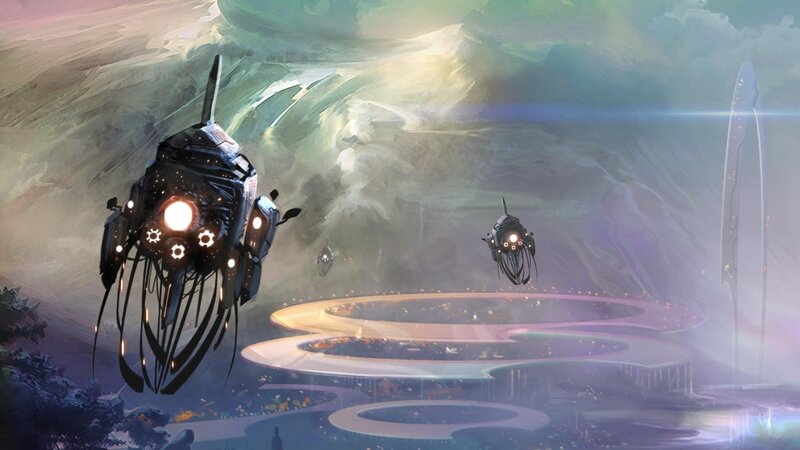 Futuristic Ships in Sky — Green