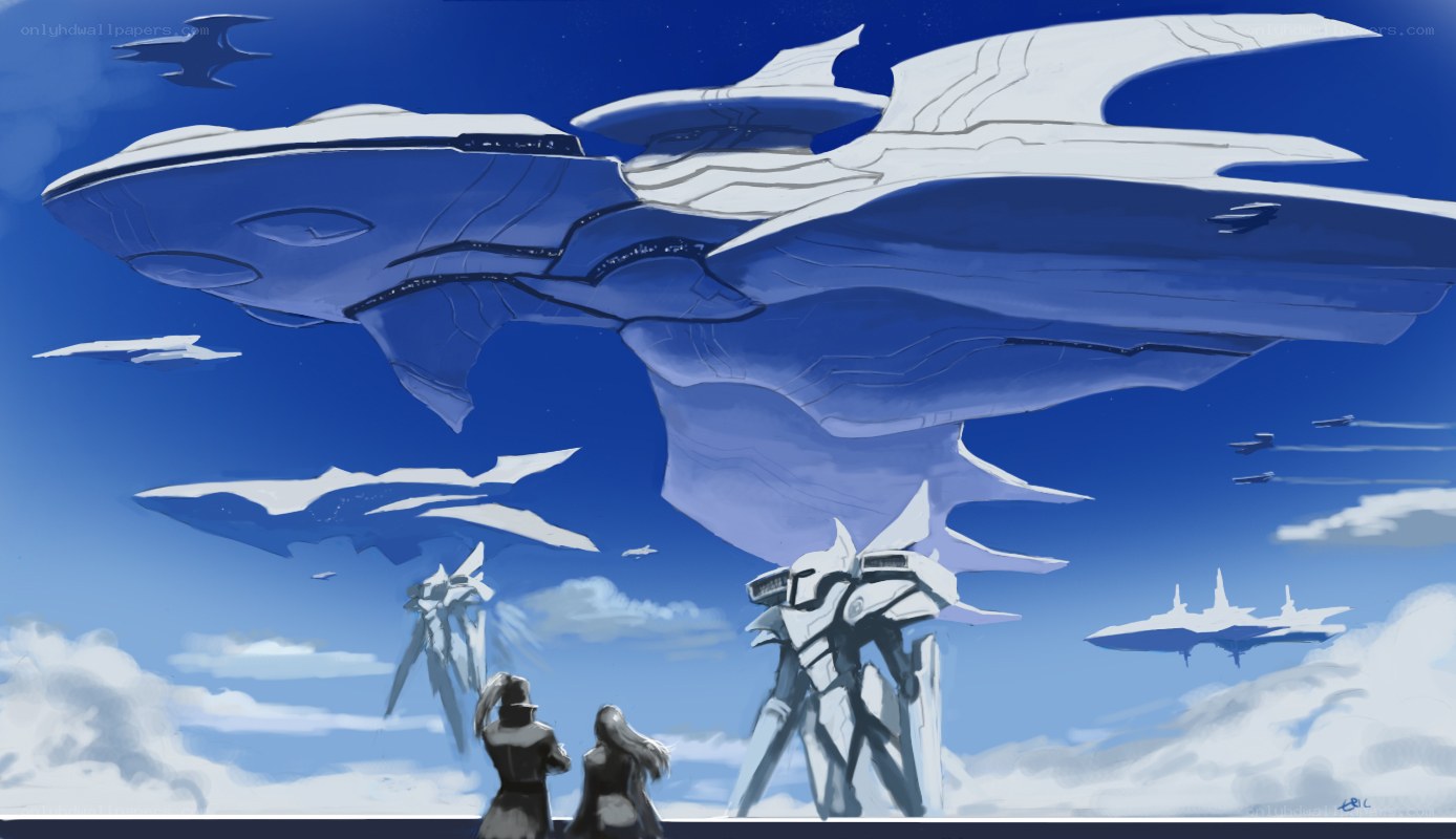 Futuristic ships in sky