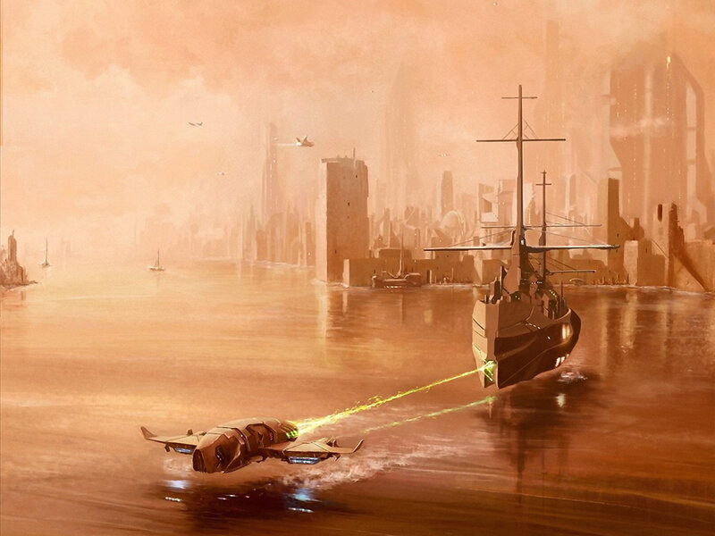 Futuristic Ships on Water — Orange