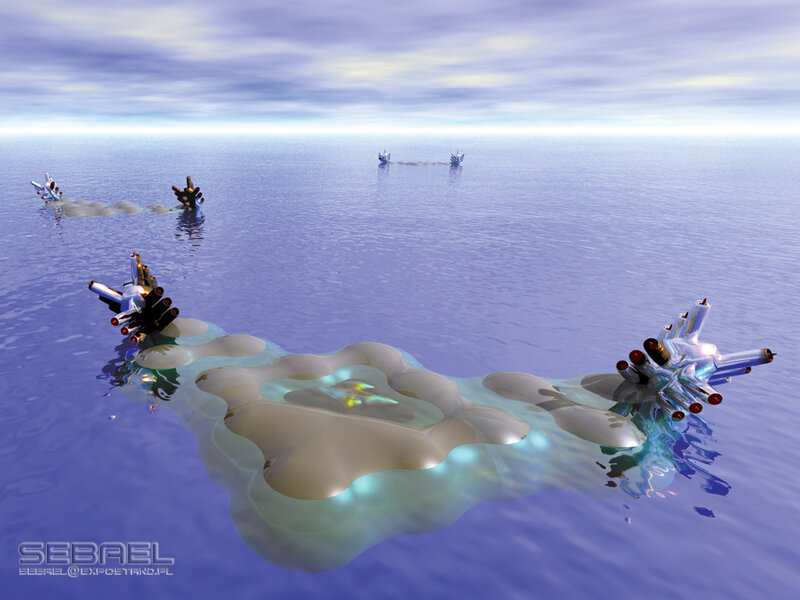 Futuristic ships on water