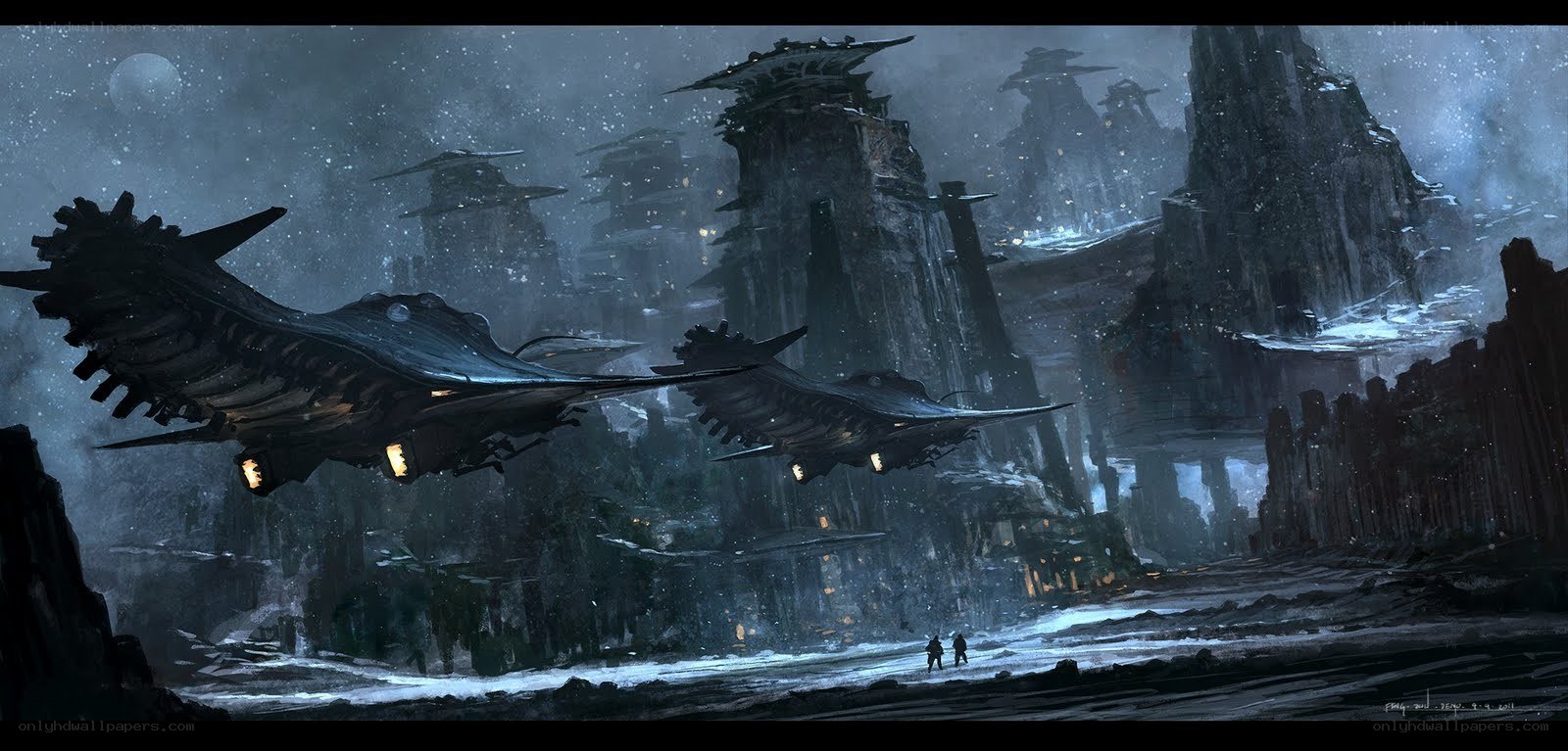 Futuristic ships over alien city