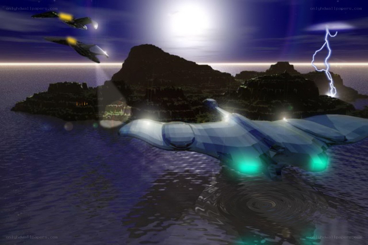 futuristic ships over alien island