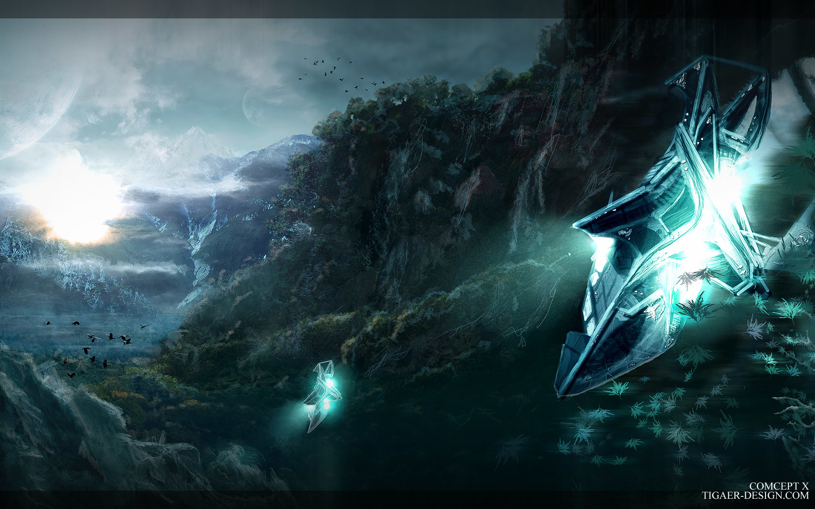 Futuristic ships over alien landscape