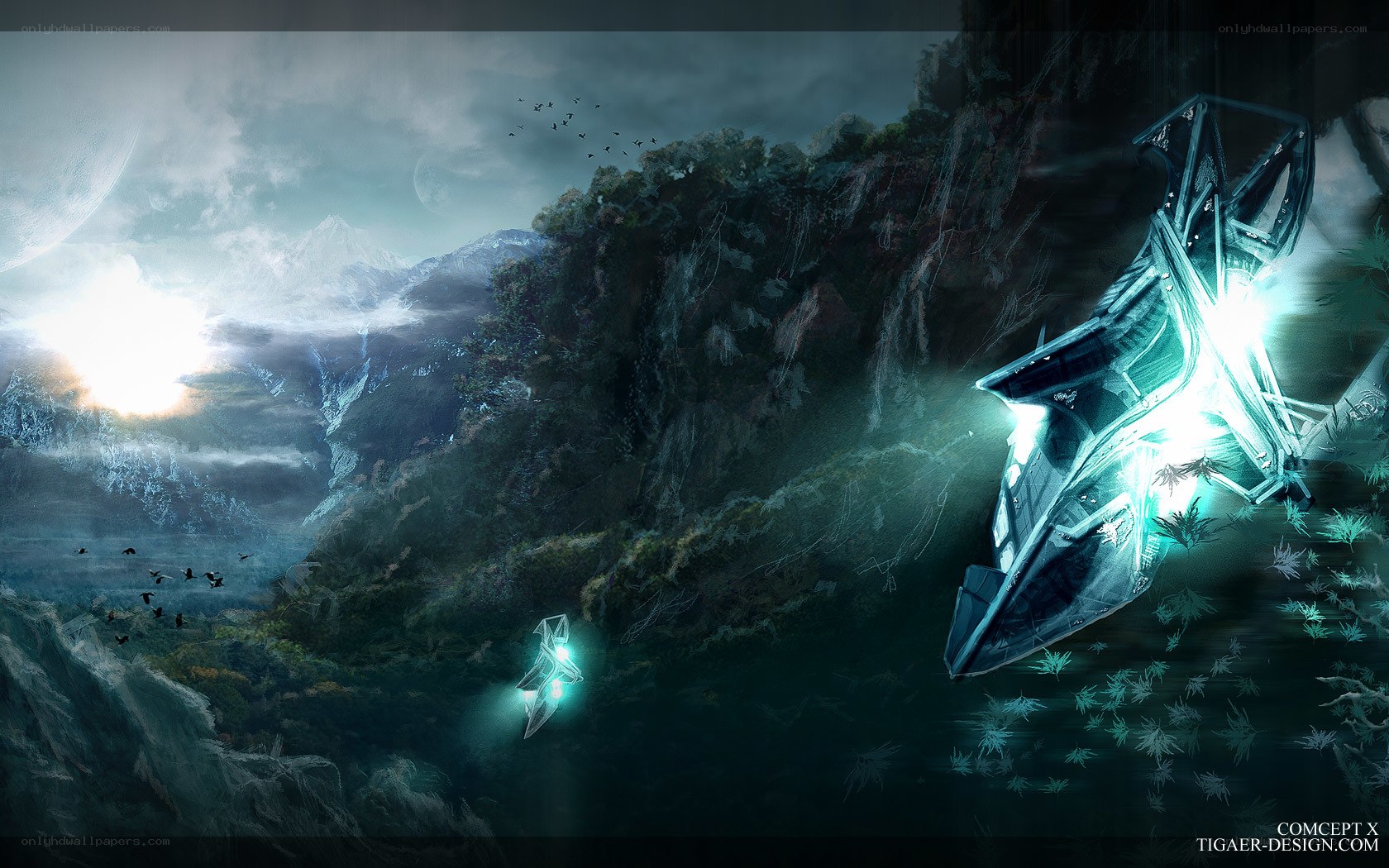Futuristic ships over alien landscape