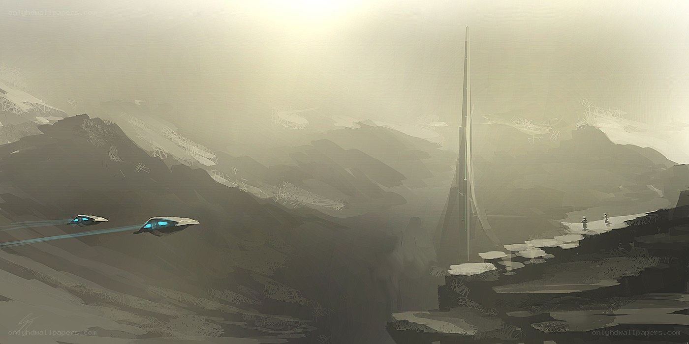 Futuristic ships over alien landscape