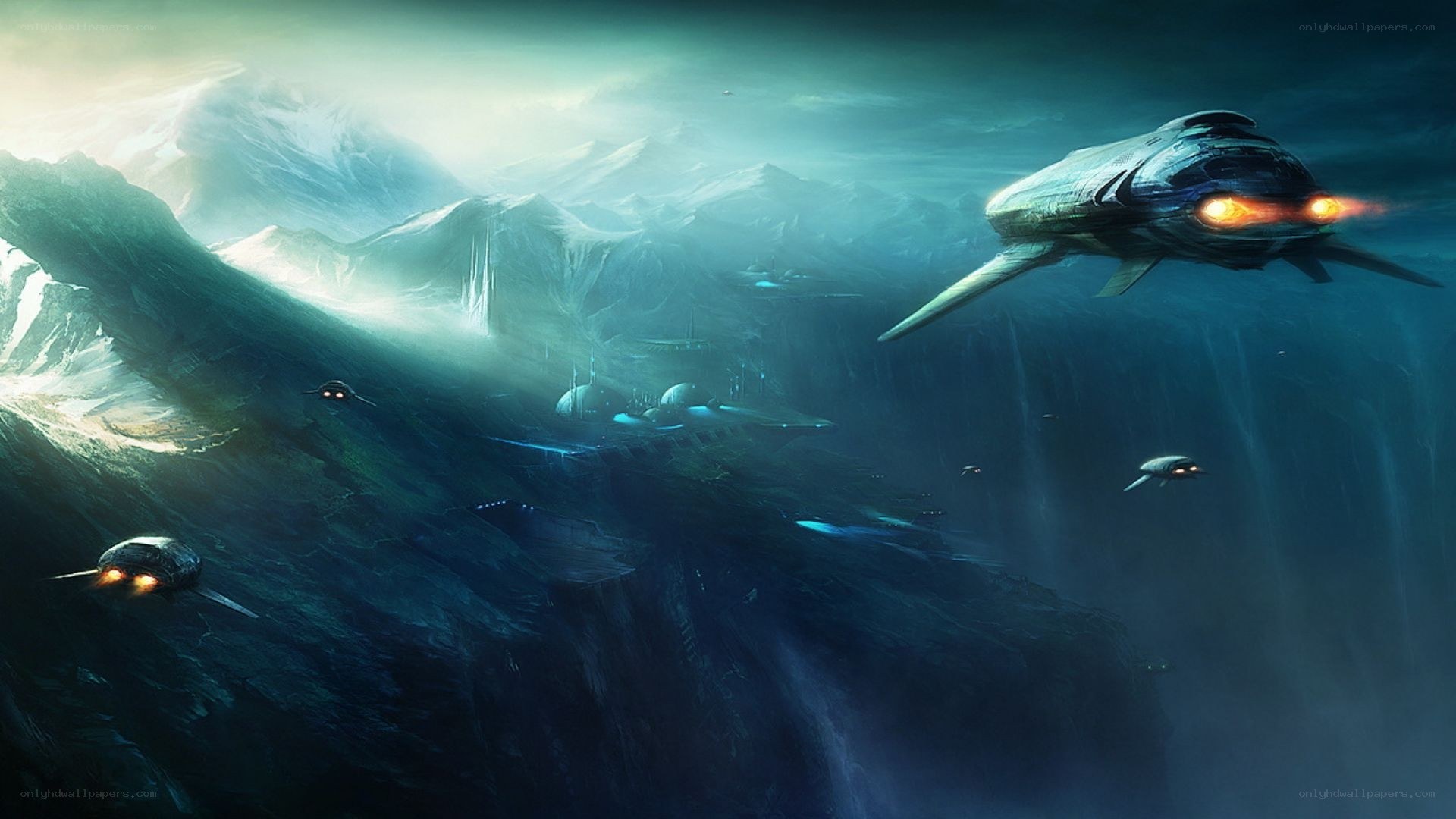 Futuristic ships over alien landscape