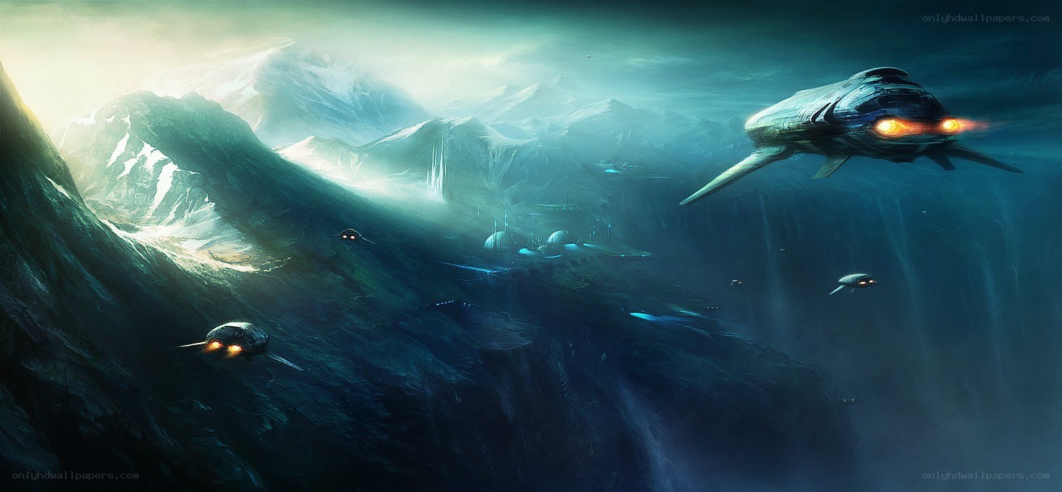 Futuristic ships over alien landscape