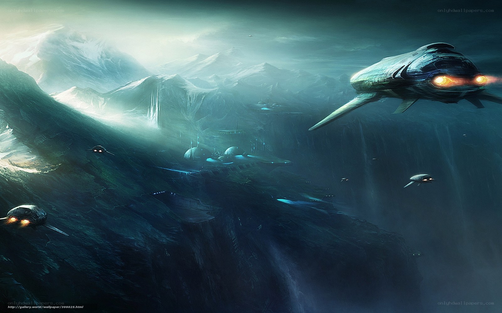 Futuristic ships over alien landscape