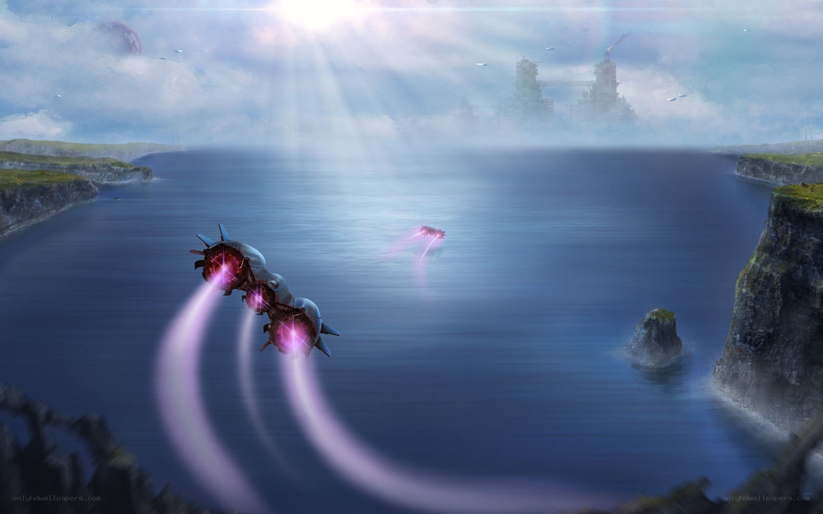 Futuristic ships over alien sea