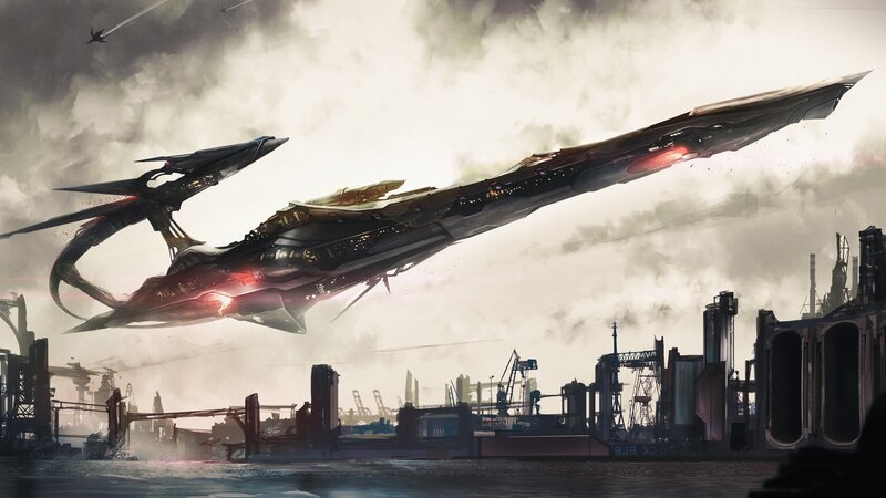 Futuristic Ships over City — Gray