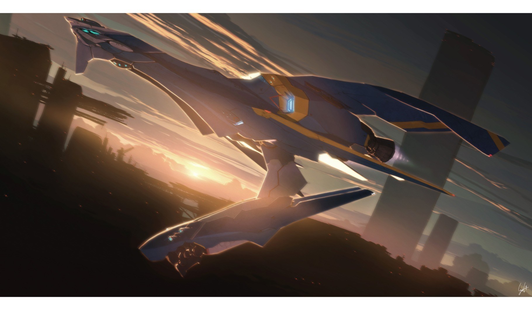 Futuristic ships over city