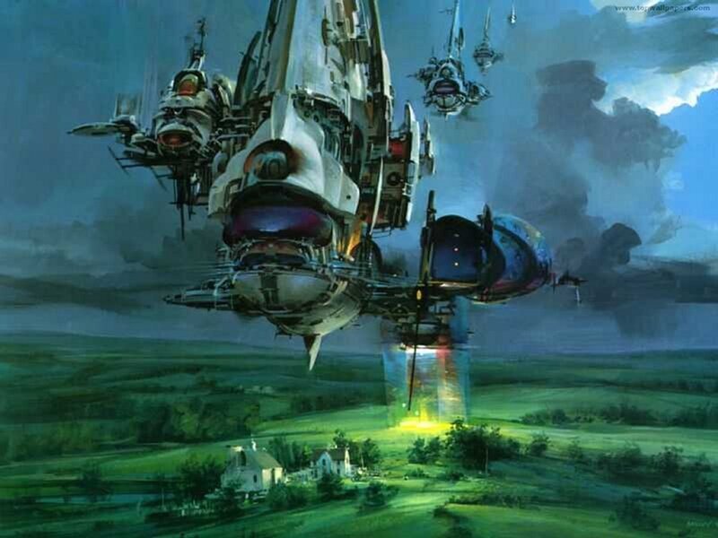 Futuristic ships over green fields