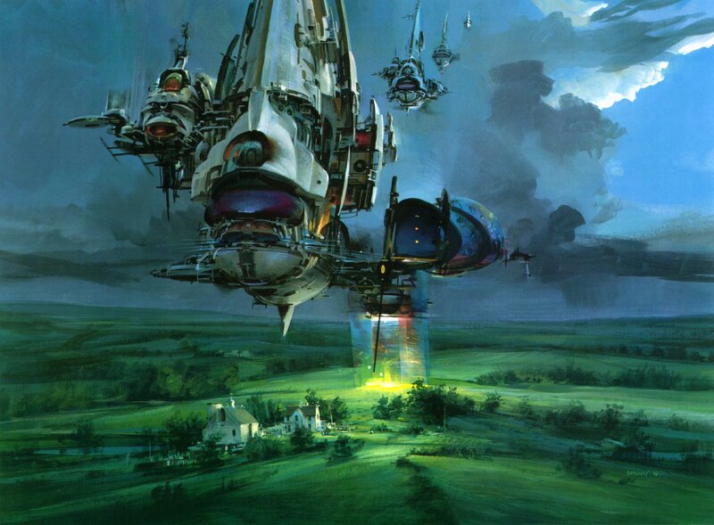 Futuristic ships over green fields