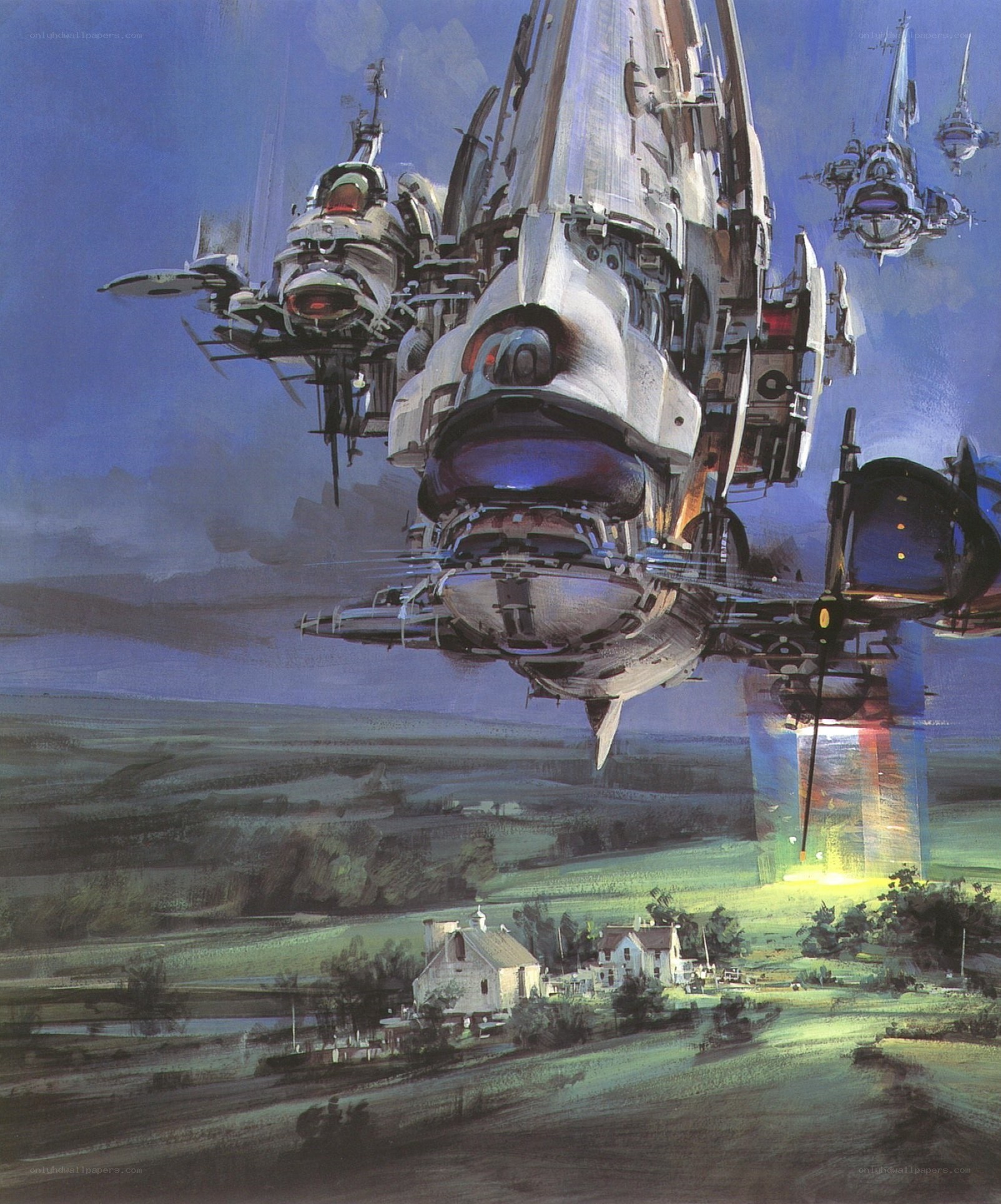 Futuristic ships over rural landscape