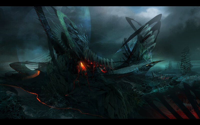 Futuristic shipwreck in storm
