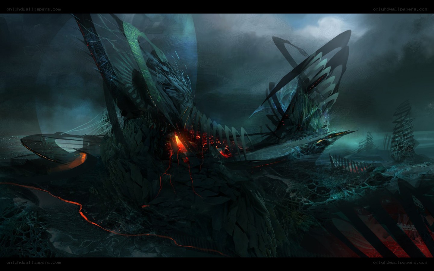 Futuristic shipwreck in storm