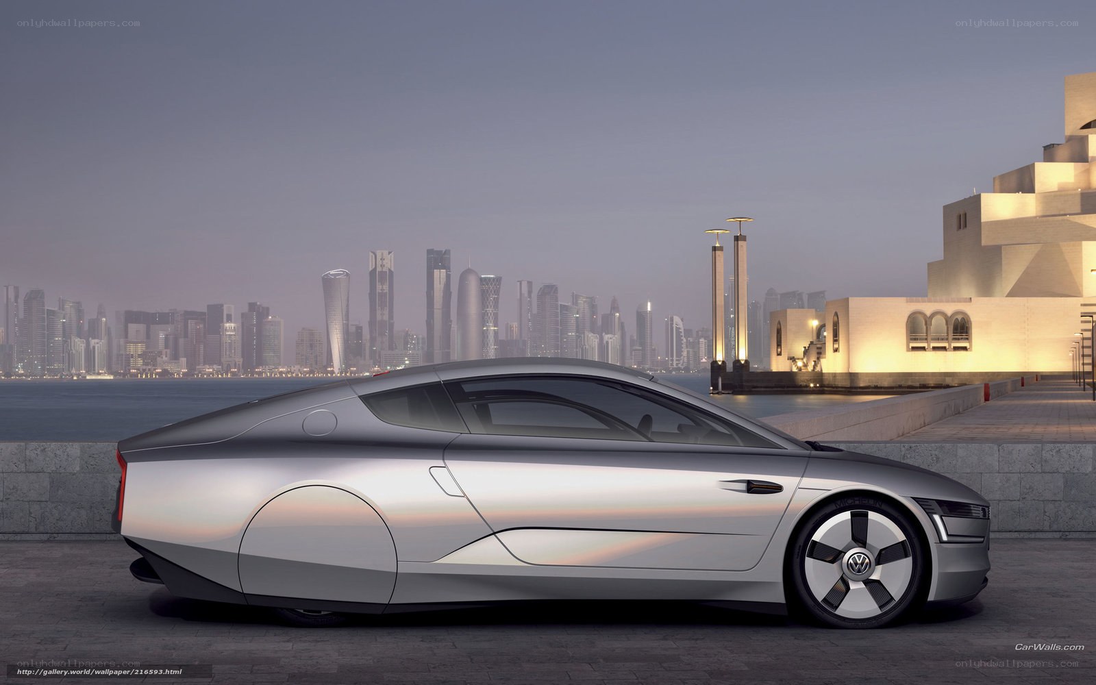 Futuristic silver car by waterfront
