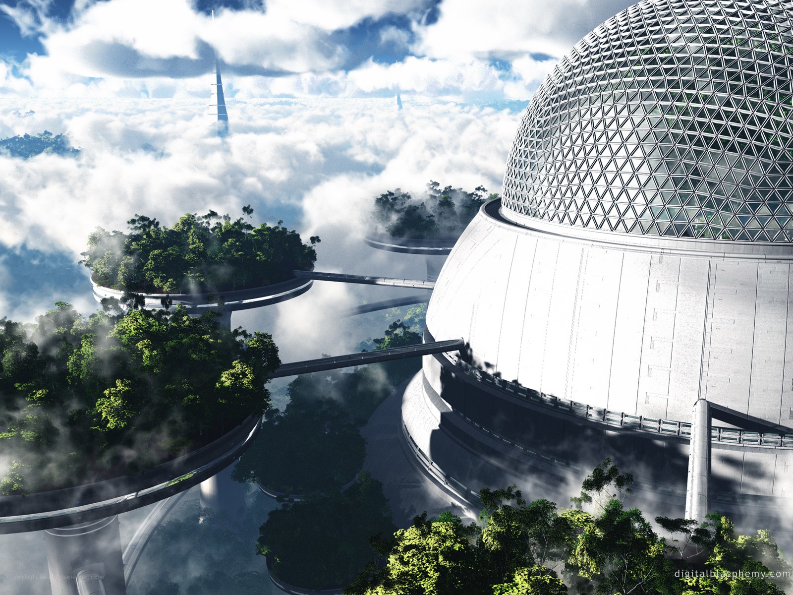 Futuristic sky city with domes
