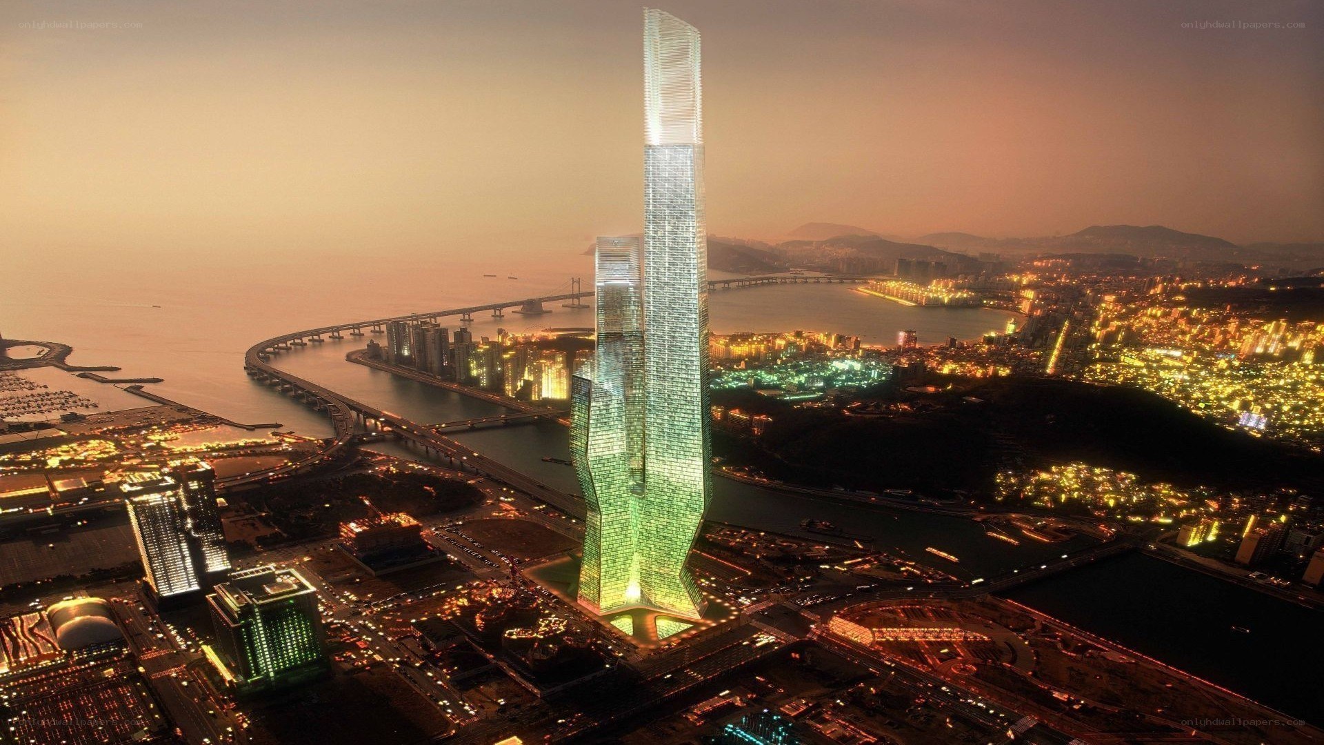 Futuristic skyscraper at dusk