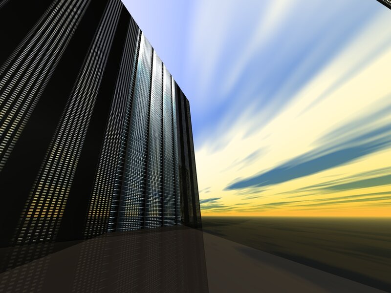 futuristic skyscraper at sunset