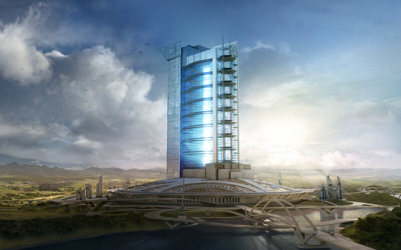 Futuristic Skyscraper — Blue, Dramatic, Afternoon