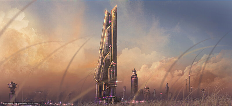 Futuristic Skyscraper — Blue, Dramatic, Sunset, Digital Art