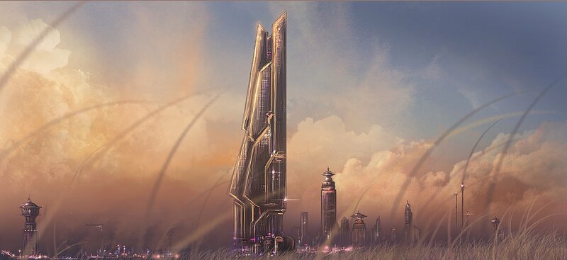 Futuristic Skyscraper — Blue, Dramatic, Sunset