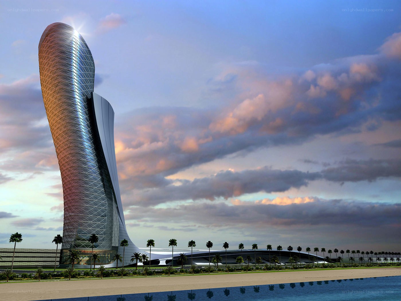 Futuristic skyscraper by the sea