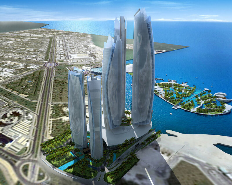 Futuristic skyscraper complex by the sea